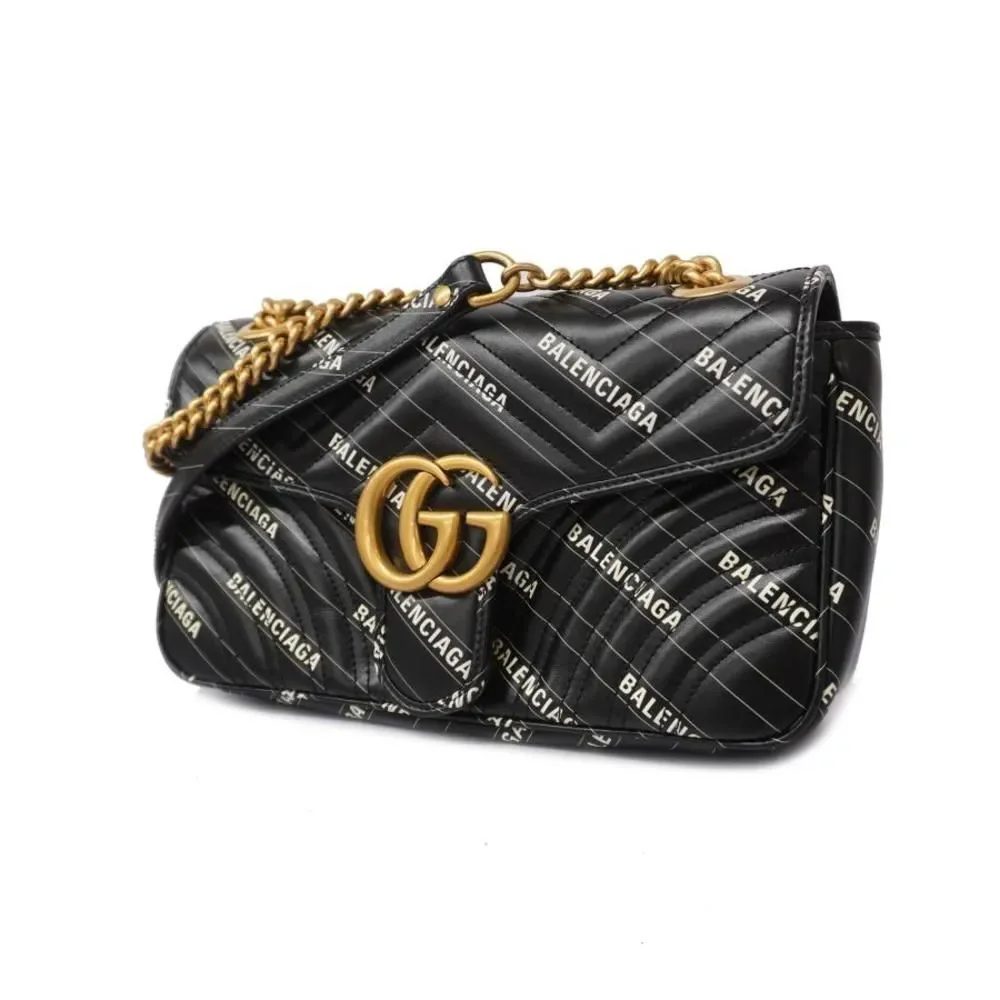 Gucci Shoulder Bag GG Marmont BALENCIAGA Leather Black Gold Hardware - Picture 6 of 6